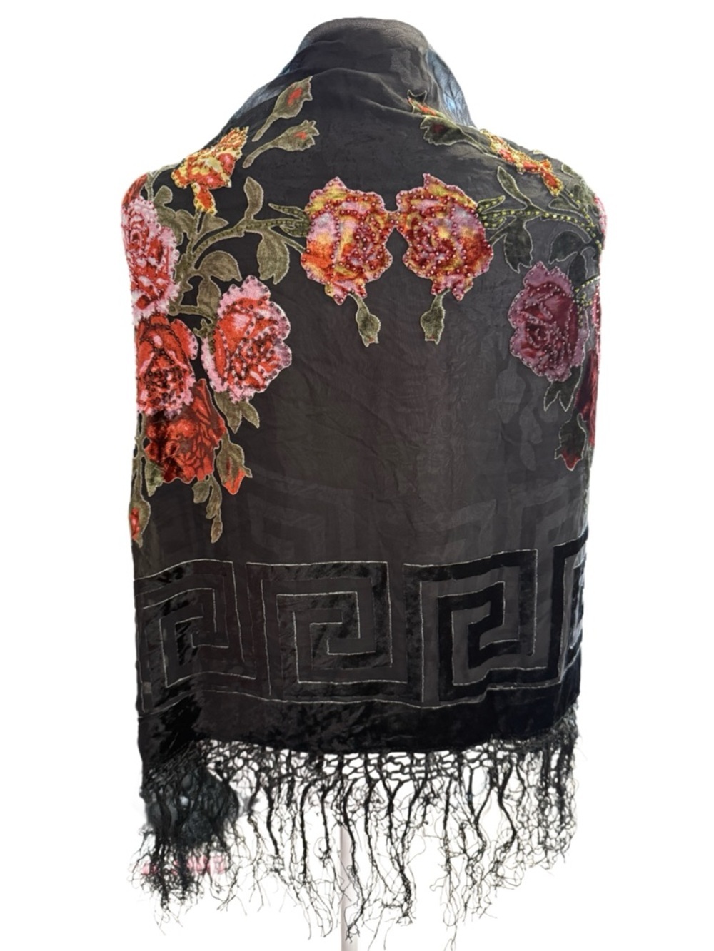 EUC Semi-Sheer Shawl with Velvet Design & Beading, 40”x40” - Picture 2 of 7